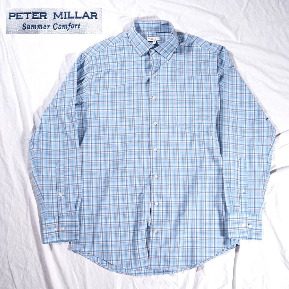 Peter Millar Summer Comfort Plaid Dress Shirt Blue Mens Medium
